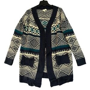 Freeway Women's S Blue Geometric Open Front Cardigan Sweater Rabbit Hair Blend